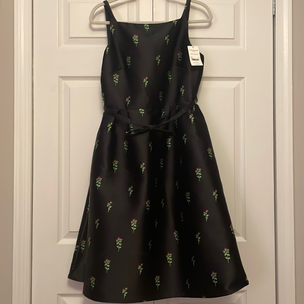LK Bennett black floral dress. US size 8. Belt with bow detail. NWT.
